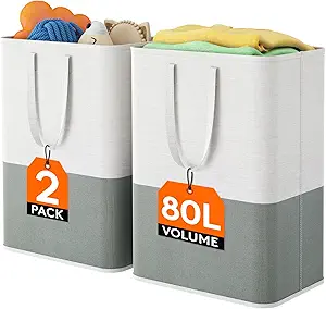 Lifewit 2 x 80L Laundry Hamper, Freestanding Laundry Basket with Handles, Waterproof Tall Collapsible Clothes Hamper for Laundry Dorm Bedroom Bathroom, Dark-Light