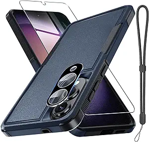 RMOCR Case for Samsung Galaxy S25 Edge, Full Body Heavy Duty Rugged Shockproof Protective Phone Cover with Lanyard Strap, Tempered Glass Screen Protector and Camera Lens Cover, Navy Blue