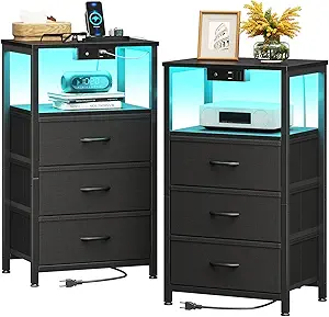 Casaottima Night Stand Set 2, Bedside Tables with Charging Station, LED Nightstand with Fabric Drawers, End Tablewith Open Shelf, Small Nightstand for Bedroom, Black